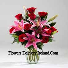 Lilies And Rose In A Vase Including Seasonal Fillers Delivered in Ireland