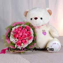 Bunch Of 11 Pink Roses And A Medium Sized Cute Teddy Bear Delivered in Ireland