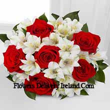 Bunch Of 7 Red Roses And Seasonal White Flowers Delivered in Ireland
