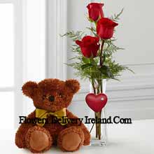 Three Red Roses In A Red Test Tube Vase And A Cute Brown 10 Inches Teddy Bear Delivered in Ireland