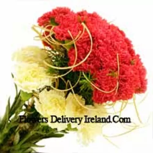 Bouquet de 24 œillets rouges et 11 œillets jaunes avec des remplissages saisonniers