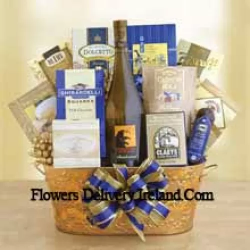 This Gift Basket features a bottle of Oaky Chardonnay  and the generous list of gourmet goodies includes: Dolcetto cookies, Ghirardelli chocolate squares, Three Pepper water crackers, Biscoff cookies, English tea cookies, Cashew Roca, chocolate chip cookies, cheese, cheese sticks, salami and chocolate fudge. (Contents of basket including wine may vary by season and delivery location. In case of unavailability of a certain product we will substitute the same with a product of equal or higher value)