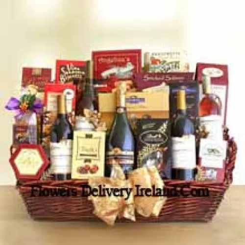 This Gift Basket contains four outstanding bottles of fine California wine – a chardonnay, a cabernet sauvignon, a sauvignon blanc and a merlot. This gift basket also includes a California sparkling wine. Other products included in this basket are peanut brittle, assorted Ghirardelli chocolates, Lindt truffles, chocolate toffee almonds, brie cheese, gourmet popcorn, bruschetta crisps, sweet butter cookies, Walker's shortbread cookies, biscotti, cranberry pecan cookies, savory snack mix, Jaquot chocolate truffles and smoked salmon. (Contents of basket including wine may vary by season and delivery location. In case of unavailability of a certain product we will substitute the same with a product of equal or higher value)
